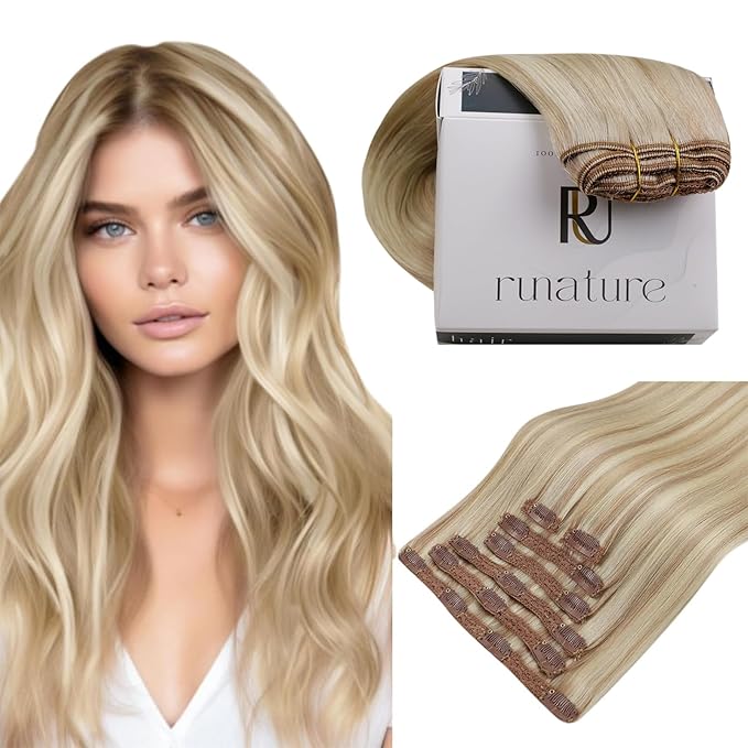 RUNATURE Human Hair Clip in Extensions 150g 7pcs 20 Inch Blonde Clip in Hair Extensions Real Human Hair Double Weft #18P60 Ash Blonde with Platinum Blonde