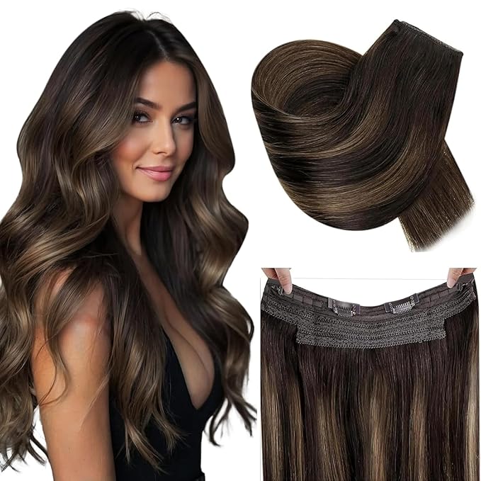 RUNATURE Wire Human Hair Extensions Balayage, Invisible Hair Extensions with Fish Line, Double Weft One Piece Clip in Real Hair, Full Ends Natural Hair, Easy to Apply, 16 Inch 80g #2/2/6