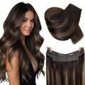 RUNATURE Wire Hair Extensions Human Hair, Invisible Fish Line Human Hair Extensions, Balayage Brown Roots Remy Hair, Real Human Hairpiece with Transparent Wire, 12 Inch 70g #2/2/6 Brown Ombre