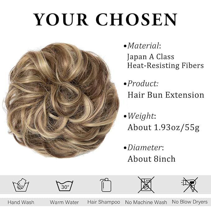 CJL HAIR Large Messy Bun Hair Piece Wavy Curly Scrunchies Synthetic Chignon Ponytail Hair Extensions Thick Updo Hairpieces for Women Brunette/Ash Blonde