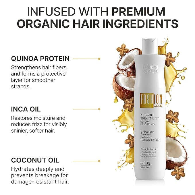 FASHION GOLD Keratin Hair Treatment (10 USES per Bottle), Keratina para Alisar el Pelo, Hair Botox Treatment, At Home Keratin Treatment, Alisados Organicos SIN FORMOL, Verdadera Keratina Brasileña