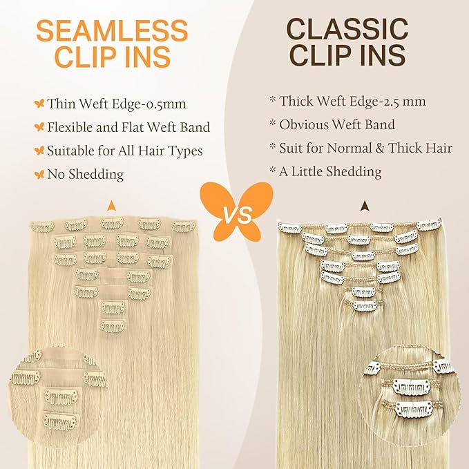 DOORES Human Hair Extensions, Bleach Blonde 150g 7pcs 22 Inch, Seamless Clip in Hair Extensions Remy Human Hair for Women Extensions Thick Straight Hair Invisi Edge Hair Extensions