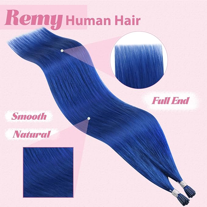 YoungSee Blue I Tips Hair Extensions 16 Inch I Tip Extensions Blue Colorful Hair Extension I Tip 40s Human Hair Extensions I Tips Experimenting with Colors for Prom 25g