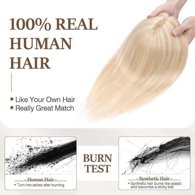 Rich Choices Hair Toppers for Women Real Human Hair 100% Human Remy Toppers NO Bangs with Thinning on Top Clip in Hairpiece 4"x4.7"Lace Base 6 Inch #18P613 Ash Blonde Highlights Bleach Blonde