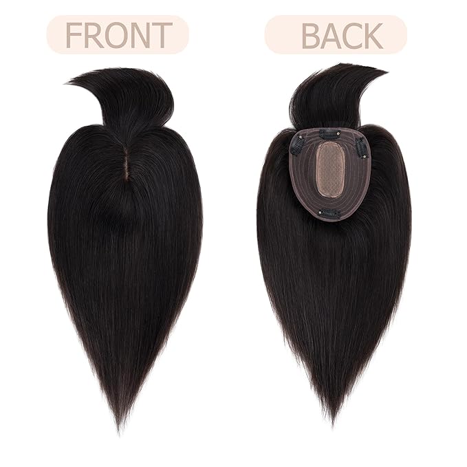 Hair Toppers for Women Real Human Hair With Bangs, 13 * 15 cm Larger Silk Base 150% Density Clip In Topper Hairpieces, Wiglet Top Pieces Add Volume -14 Inch 01B Natural Black