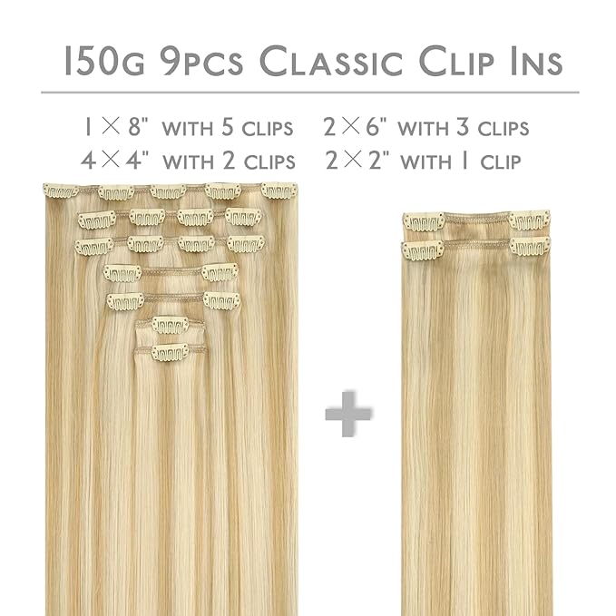 WENNALIFE Clip in Hair Extensions, 150g 18 Inch 9pcs Light Blonde Highlighted Golden Blonde Human Hair Extensions Thicker Real Human Hair Clip Set Double Weft