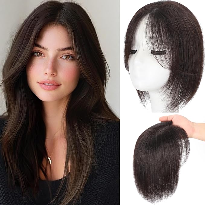 Hair Toppers for Women Real Human Hair, 360°3D Topper for Women with Thinning Crown Wispy Clip in Bangs Breathable Hand Tied Craft Big Coverage Hairpieces(Dark Brown（Big Coverage）, 12 Inch-3D-Side)