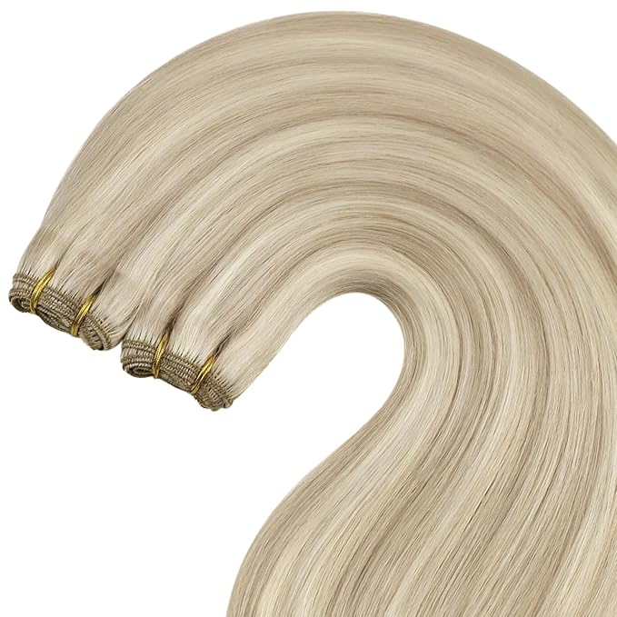 YoungSee 130G Blonde Weft Hair Extensions Highlight Warm Ash Blond Mix Bleach Blonde Hair Weft Extensions Long Straight Human Hair Extensions Sew in for Fuller Look 24 Inch