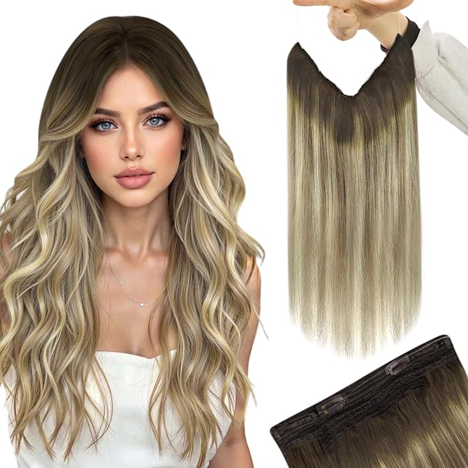 YoungSee Wire Hair Extensions Real Human Hair Brown Balayage Hair Extensions Invisible Wire Dark Roots to Light Brown with Blonde Reusable One Piece Hair Extension Easy to Wear 18Inch 80G