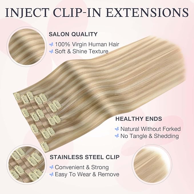 DOORES Invisi Edge Clip in Hair Extensions 16 inch 110g 7pcs, Virgin Real Human Hair PU Clip in Extension Invisible Seamless Thickening Hairstyle, 18A/613A Dark Blonde Highlighted Bleach Blonde