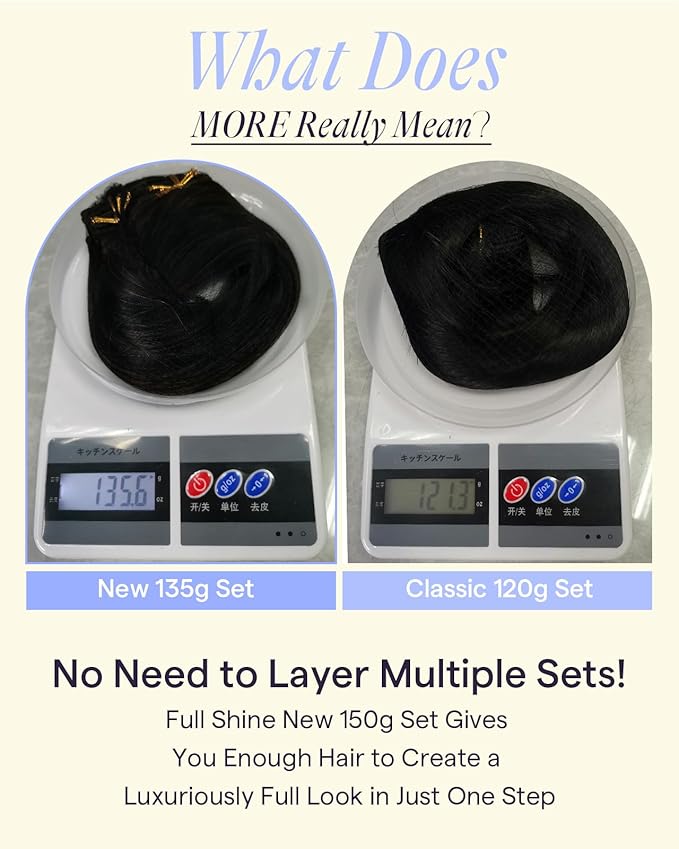 Full Shine Clip in Human Hair Extensions Black Hair Clip in Extensions Human Hair Black Triple Weft Hair Extensions Extra Volume 18 Inch 7 Pcs 135 G
