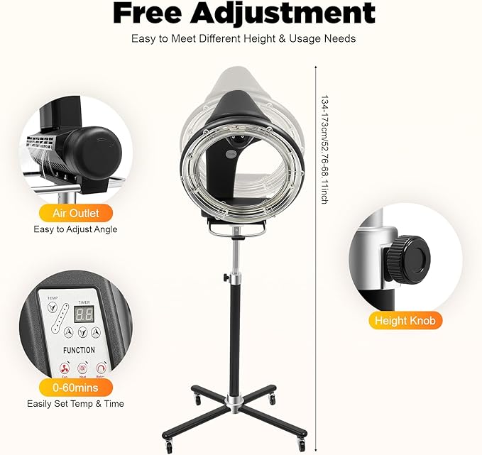 1KW Professional Hair Dryer, Salon Drying Perming Machine, 3 in 1 Orbiting Hair Steamer, Sit Under Salon Color Processor with Rolling Base