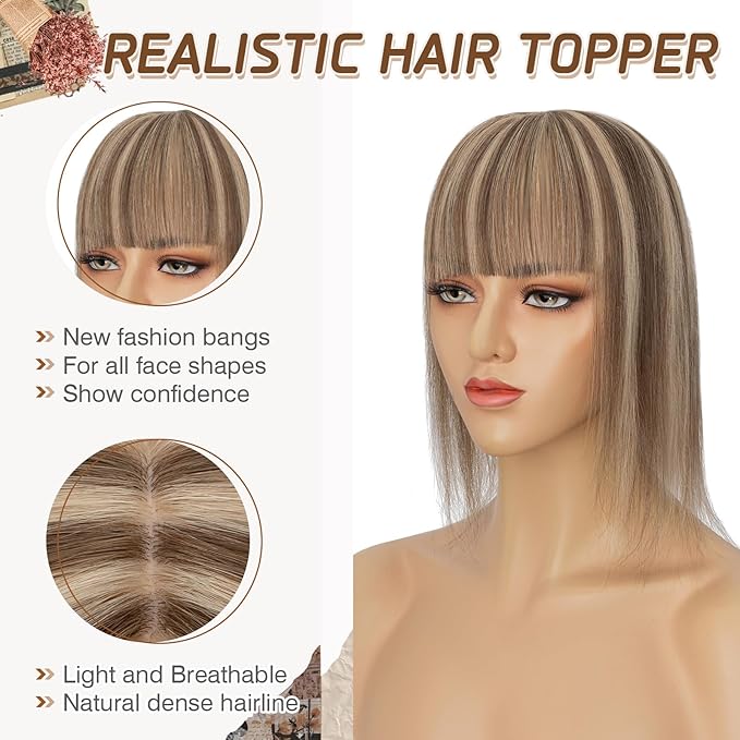 Rich Choices Real Human Hair Toppers for Women With Bang 100% Remy Human Hair Topper for Thinning Hair Clip in Silk Base Hair Topper 16 Inch #4P27 Medium Brown Mix Dark Blonde