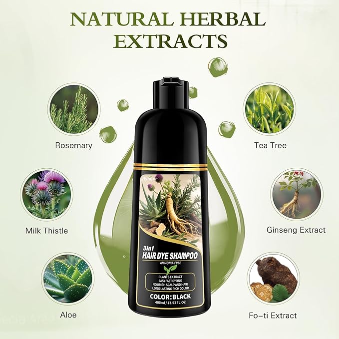 Black Hair Dye Shampoo, Ammonia Free Natural Herbal Ingredients Black Hair Dye for Women Men Gray Hair Coverage, Semi-Permanent Hair Color Shampoo