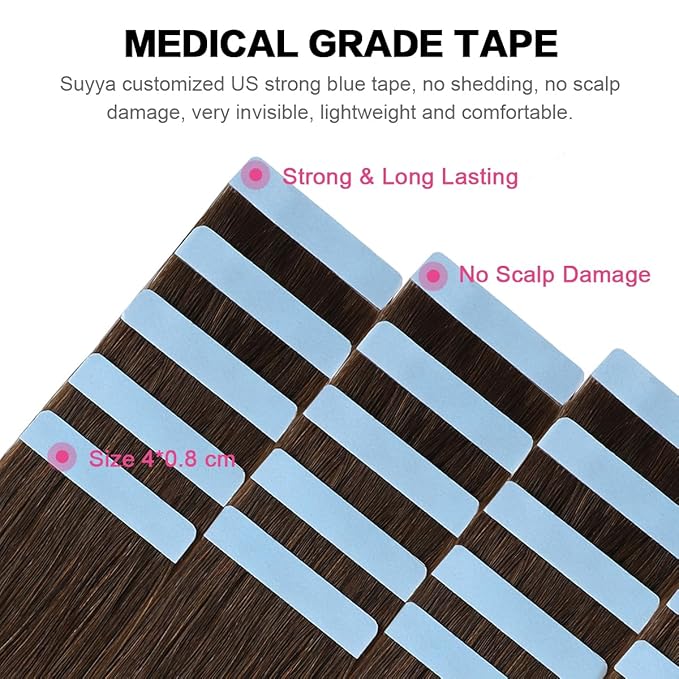 SUYYA Tape in Hair Extensions Human Hair 100% Remy Human Hair 50g/pack 20pcs Straight Seamless Skin Weft Tape in Human Hair Extensions(24 inches #4 Dark Brown)