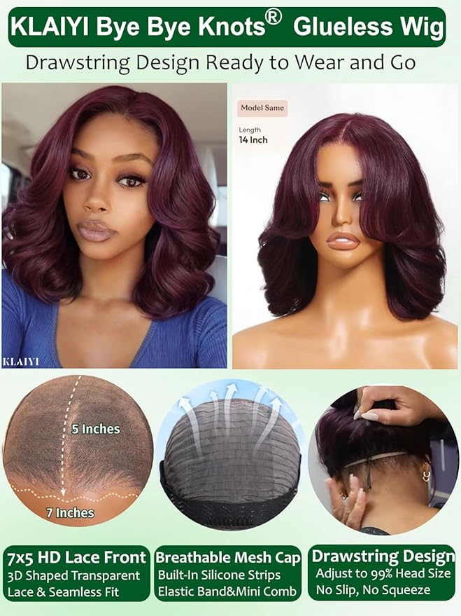KLAIYI Black Cherry Bob Loose Body Wave Precut 7x5 HD Lace Front Wigs Human Hair Glueless Bye Bye Knots Drawstring Red Burgundy Wig with Curtian Bang Pre Plucked Bleached Ready to Put On And Go 12Inch