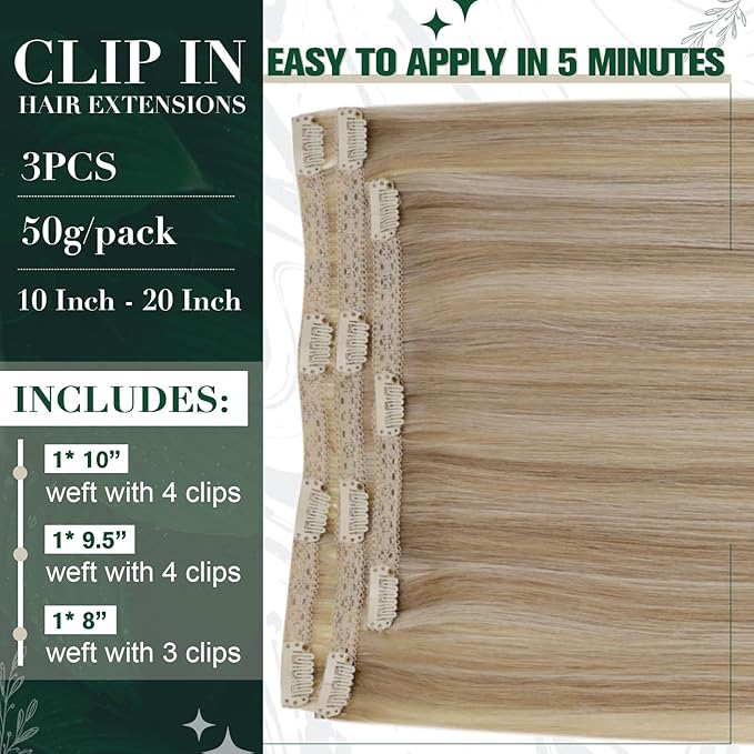 RUNATURE Clip in Hair Extensions Real Human Hair Blonde, Short Straight Human Hair Clip in Extensions, Natural Hair, Can Be Styled, 12 Inch 50g 3pcs #16P22 Beige Blonde Highlights