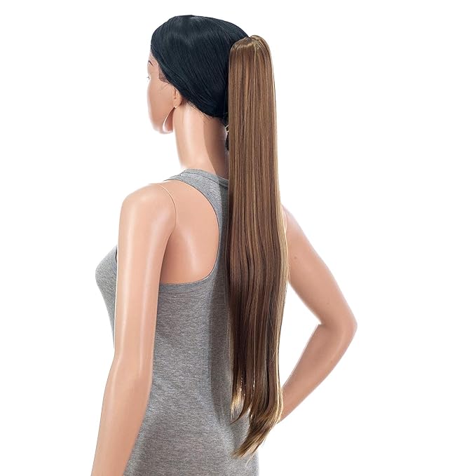 SWACC 28-Inch Long Straight Claw Clip Ponytail Extensions Synthetic Hair Extensions Ponytail Jaw Clip Hair Pieces for Women (Light Brown/Beige Highlights-12H24#)