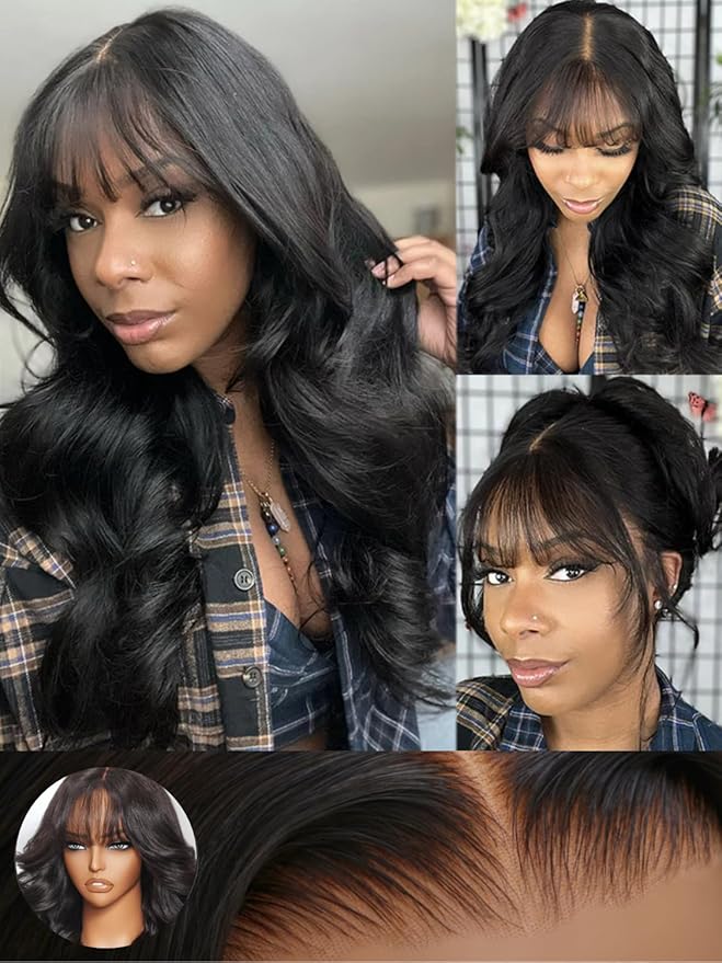 KLAIYI Fluffy Body Wave Curtain Bang Wig Bye Bye Knots Glueless Pre Cut 7x5 Lace Front Wigs Human Hair Loose Wave Pre Bleached Pre Plucked Pre Everything 3S Easy to Wear and Go Wig 180% Density 20Inch