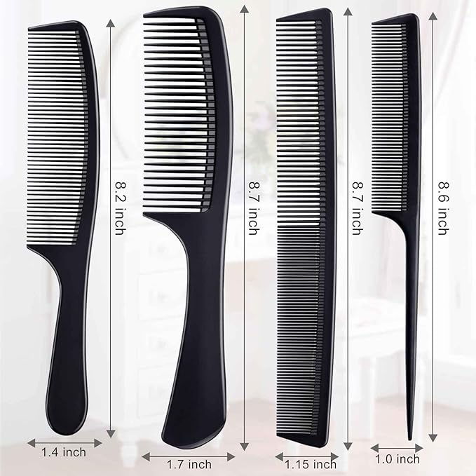 4 Pieces Combs for Women and Man, Premium Black Carbon Fiber Hair Comb Set for Teasing and Parting, Professional Combs for Hair Stylist, Fine and Wide Tooth Styling Comb for All Hair Types