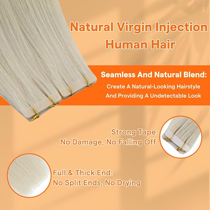 Full Shine Virgin Injected Tape in Hair Extensions Real Human Hair 18Inch Color 1000 Ice Blonde Double Sided Machine Remy Human Hair Extensions Tape in 10Pcs Straight Seamless Skin Weft 25G for Party