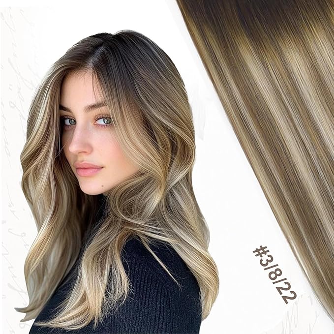 XDhair Human Hair Clip in Hair Extensions 22 Inch 6pcs 120g Balayage Color 3 Darker Brown to 8 Ash Brown and 22 Golden Blonde Double Weft Clip in Hair Extensions(22”, 3/8/22)