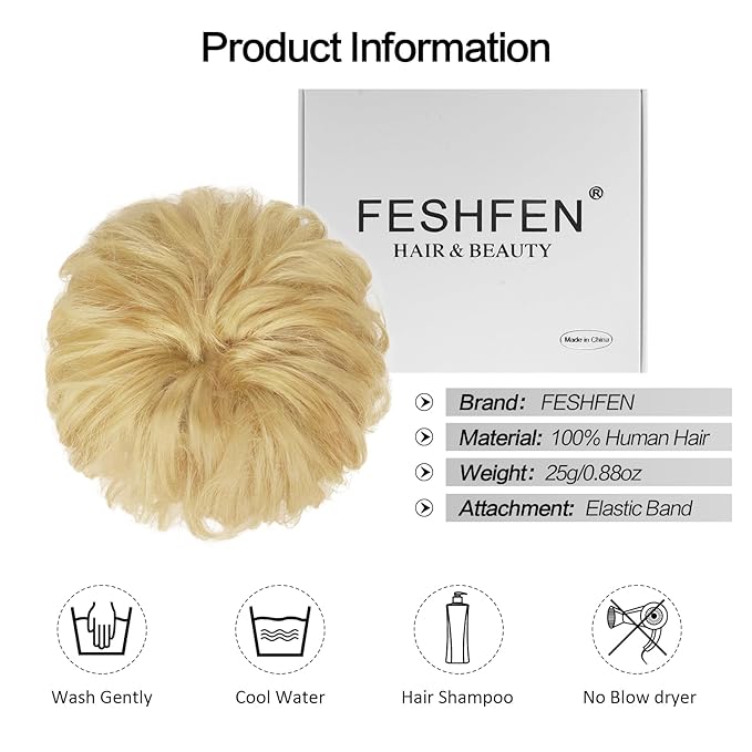 FESHFEN Human Messy Buns - 100% Human Hair Bun Real Scrunchies Hair Pieces Ponytail Extensions Wavy Tousled Updo Chignon Hairpieces for Women, Light Blonde