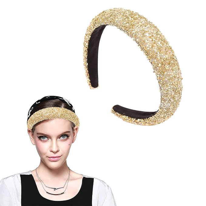 Gold Sparkle Headband for Women Fashion Glitter Wide Headbands Bling Comfortable High Elastic Head Band Hairband Hairhoop Hair Accessories for Women