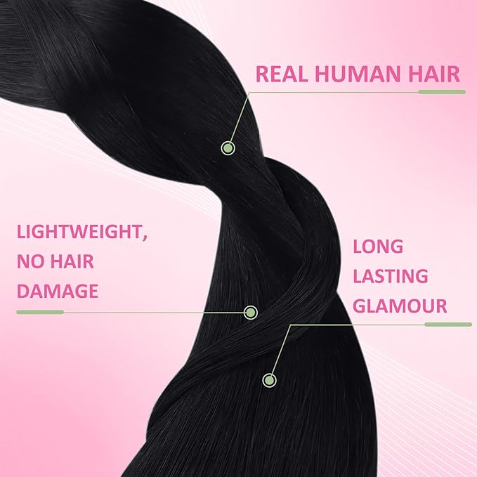 YoungSee Human Hair Tape in Extensions Black Tape in Hair Extensions Real Human Hair Jet Black 20pcs 50g Hair Extension Tape-in 18 Inch Silky Straight Remy Hair Extension for School