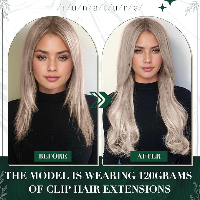 RUNATURE Clip in Hair Extensions Real Human Hair, Blonde Hair Extensions Clip Ins, Remy Human Hair Clip in Extensions, Add Hair volume, 14 Inch 50g 3pcs #19P60 Grey Blonde Highlight Platinum Blonde