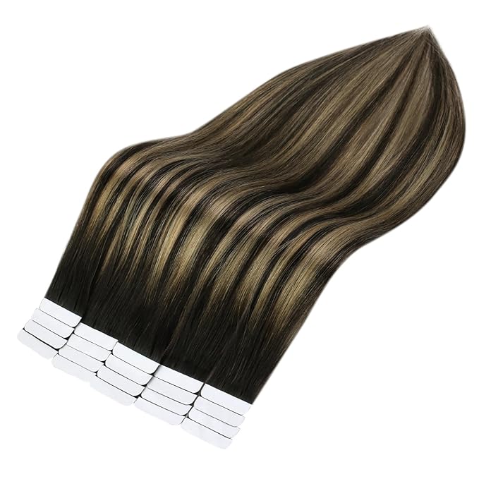 Full Shine Tape Hair Extensions Human Hair 12Inch Hair Extensions Tape in 30G Color 1B Off Black Ombre 27 Honey Blonde and 1B Straight Tape in Extensions Balayage Soft Remy 20Pcs for Daily Wear