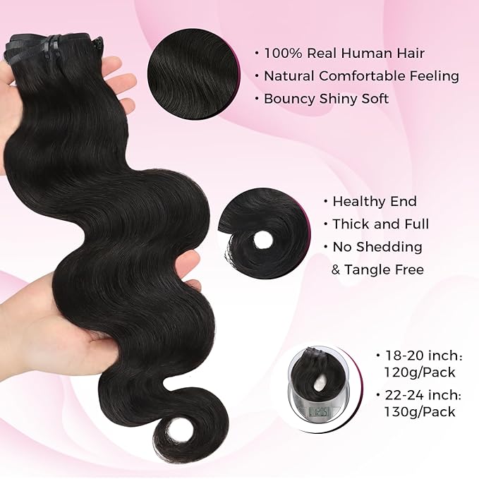 Lashey Seamless Clip in Hair Extensions Human Hair 120g 7pcs Body Wave 20 Inch Natural Black Thick Remy Human Clip in Hair Extensions with Full End