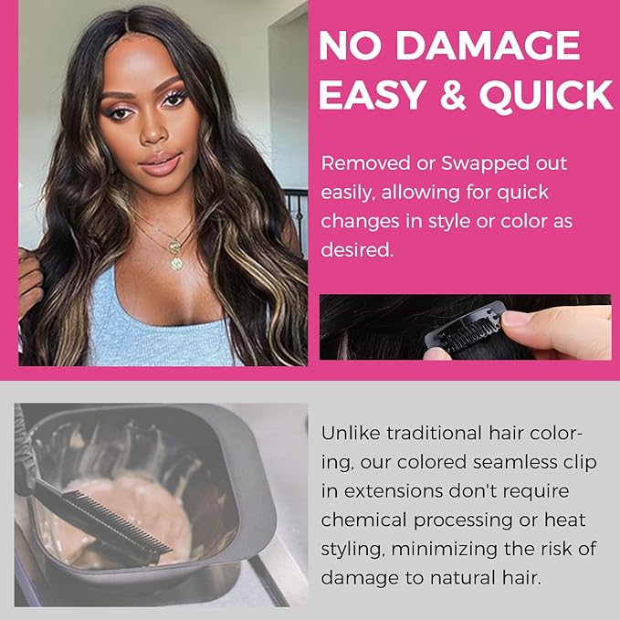 Lashey Seamless Clip in Hair Extensions Human Hair Ombre Balayage Ash Brown Highlighted Honey Blonde with Natural Black Dark Roots Hair Extensions Real Human Hair 43g 4pcs 16 Inch Straight Clip ins