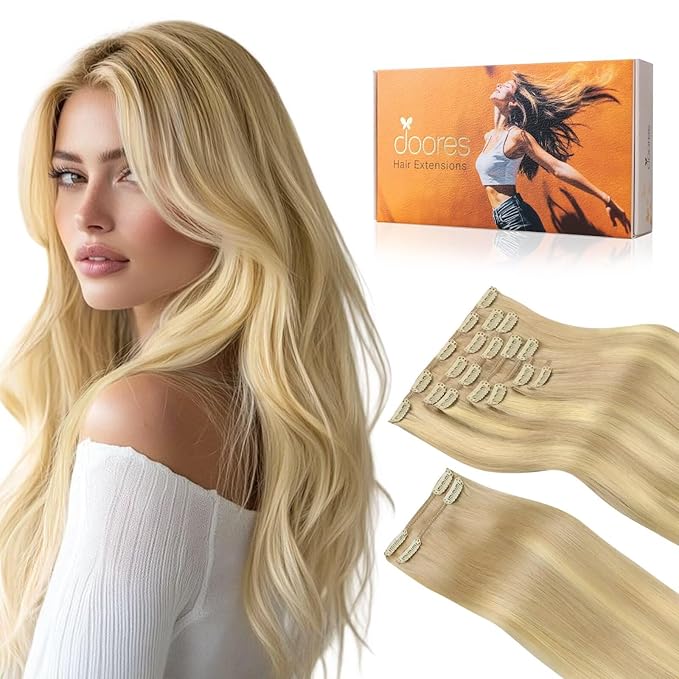 DOORES Hair Extensions Clip in Human Hair, Dirty Blonde Mixed Platinum Blonde 24 Inch 150g 9pcs, Clip in Extensions Human Hair Natural Hair Extensions Real Hair Extensions Human Hair Thick Straight