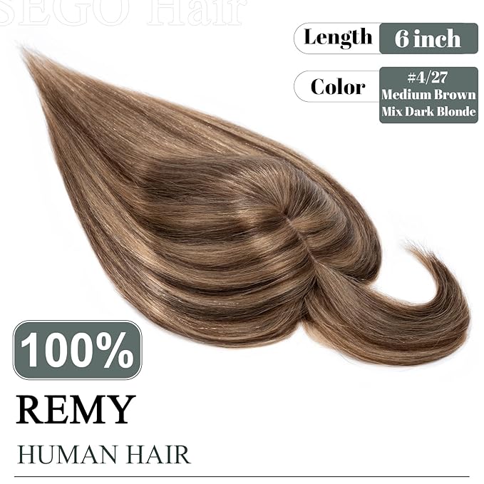 SEGO Hair Toppers for Women Real Human Hair with Thinning Hair, Toppers Hair Pieces Clip in Toppers Straight Hair Pieces with Front Bangs -6 Inch #4/27 Medium Brown Mix Dark Blonde