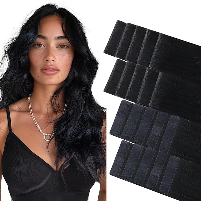 GOO GOO Invisi Edge Tape in Hair Extensions Human Hair, 1 Jet black 10pcs injected with 10pcs classical tape ins, 12inch 40g, Virgin Remy Hair, Natural Look