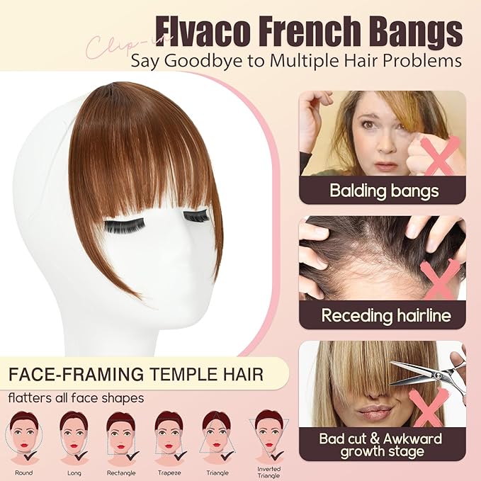 Clip in Bangs, Synthetic Wispy Bangs Hair Clip, Light Auburn Fake Bangs Fringe with Temples Hairpieces for Women Natural Curved Hair Extensions for Daily Wear
