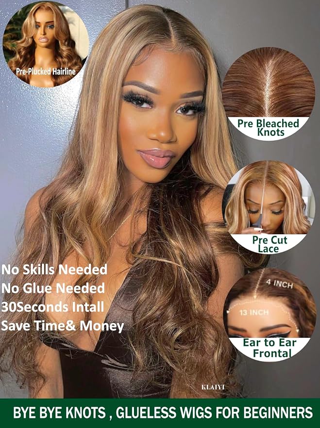KLAIYI Wear And Go Glueless Wig Bye Bye Knots 13x4 Precut Lace Front Wigs Human Hair Ombre Highlight Blonde Body Wave Wig Pre Bleached Pre Everything Pre Plucked with Baby Hair 3S Ready to Wear 20Inch