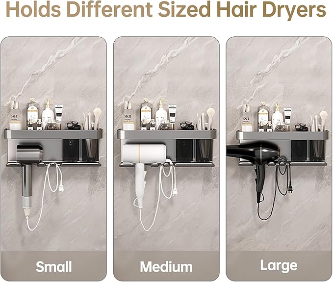 Hair Dryer Holder, Blow Dryer Organizer, Hair Dryer Holder Wall Mounted with Shelf for Bathroom, Salon, Bedroom Organizers & Storage(Matte Grey)