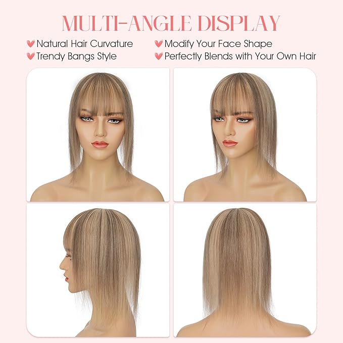 Hairro Mono Hair Toppers with Bangs, 3.4" x 3.4" Mono Base 100% Real Human Hairpieces for Women, 150% Density Clips In Topper for Greyish Thinning Hair, 16 Inch Medium Brown Mix Dark Blonde