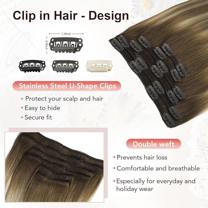 XDhair Balayage Human Hair Clip in Extensions 100g 6pcs 14 Inch Light Brown Mix Blonde Hair Extension Real Human Hair Clip ins Invisible Hair Extension(14”, 3/8/22)