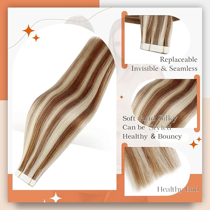 Full Shine Tape in Hair Extensions Color 330P800 Blonde Hair Extensions Real Human Hair Tape in 22 Inch Invisible Tape ins Human Hair Extension Double Sided Human Hair 50Gram 20Pcs Add Length