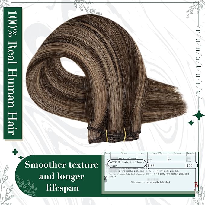 RUNATURE Clip in Hair Extensions 20 Inch 50g 3pcs Dark Brown Highlight Light Brown Human Hair Extensions Clip Ins Long Natural Remy Hair Extensions Thick Ends