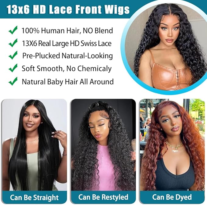 SOSATISFY 28 Inch 13x6 Deep Wave Lace Front Wigs Human Hair 200 Density HD Transparent Lace Frontal Curly Wigs for Women Glueless Curly Wigs Pre Plucked with Baby Hair Natural Color