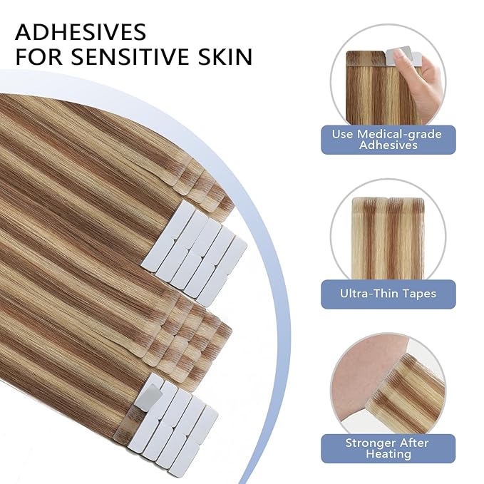 COOKAYU Invisible Tape in Hair, Gold Brown to Caramel Blonde 20pcs/pack 22Inch 50g Seamless Tape in Extensions Real Human Hair Injected Invisi Edge Extensions