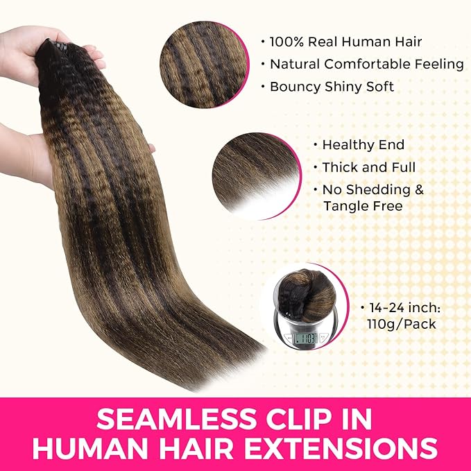Lashey Kinky Straight Human Hair Clip in Extensions 110g 7pcs Seamless Clip in Hair Extensions Human Hair 20 Inch Natural Black Mixed Chestnut Brown 100% Remy Human Hair Extension Clips