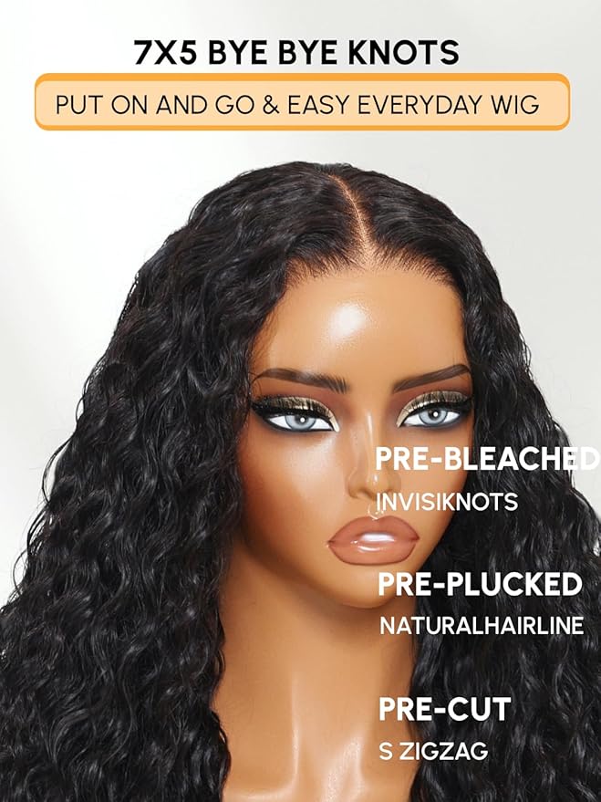 Julia Hair Loose Curly Wave Glueless Wigs Human Hair 7x5 HD Lace Closure Bye Bye Knots Mixed Curls Wig with Invisi Drawstring Pre Plucked Pre Bleached Put on and Go Beginner Friendly 16 Inch