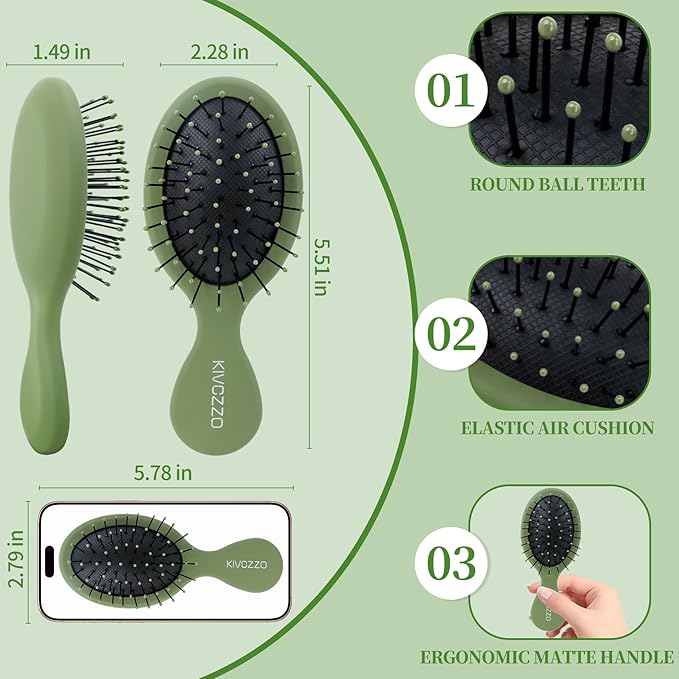 2-Pack Kids Mini Hair Brush for Detangling, Gentle Travel Hairbrush for Girls, Boys & Women, Portable Detangler for Wet & Dry Hair, Compact for Purse & Backpack (Pink and Green)