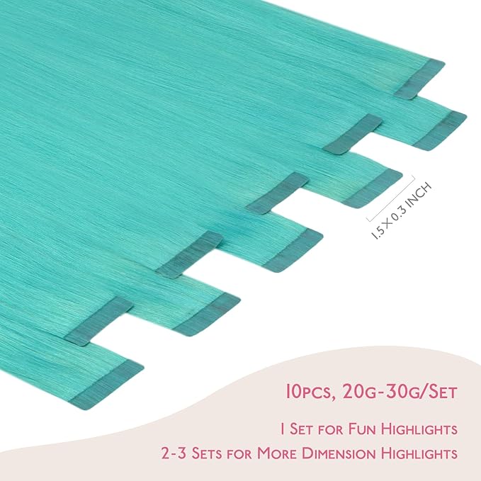 WENNALIFE Tape in Hair Extensions, 10pcs 30g 22 inch Remy Invisible Tape Ins Straight Teal Green Colored Soft Real Human Hair Extensions Refill Set