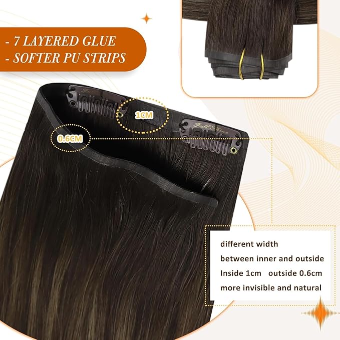 Full Shine Balayage Clip in Hair Extensions Dark Brown to Light Brown with Caramel Blonde Remy Human Hair with PU Weft Thick Ends 16 Inch 8 PCS 120 Grams